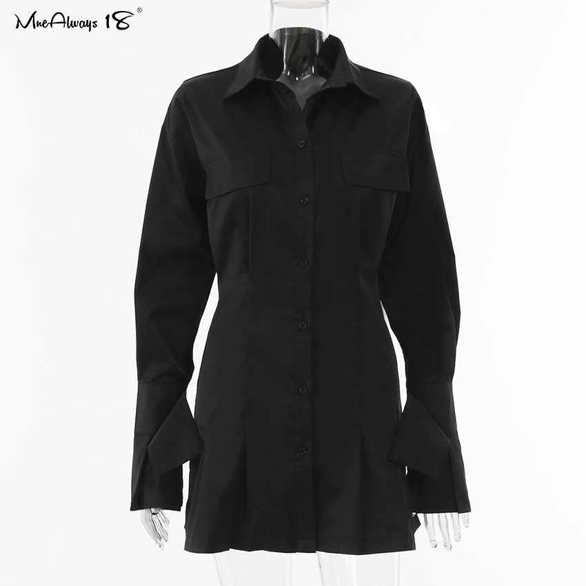 Mnealways18 Pleated Shirt Dress White Women Flare Sleeve Elegant Office Dress Summer Green Tunic Casual Dress Mini Spring 210309