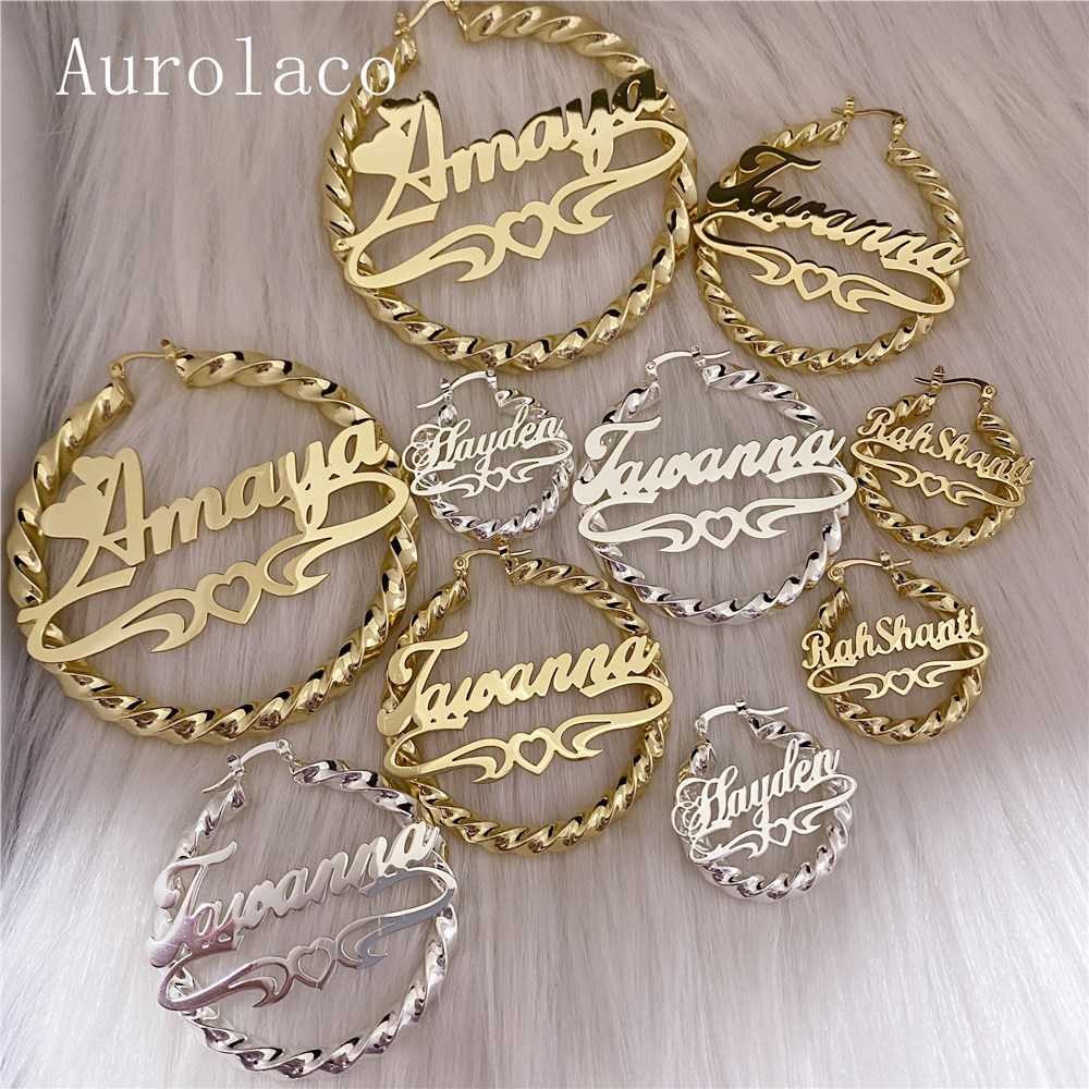 AurolaCo 30-90MM Custom Name Earrings Big Hoops Stainless Steel Hip Hop Style for Women Gift 210924