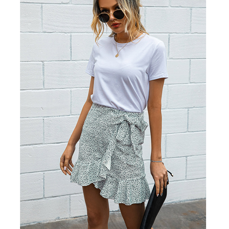 Dot Print Short Mini Skirts Women Summer Ruffle High Waist Bow Tie Skirt Ladies Slim Streetwear 210306