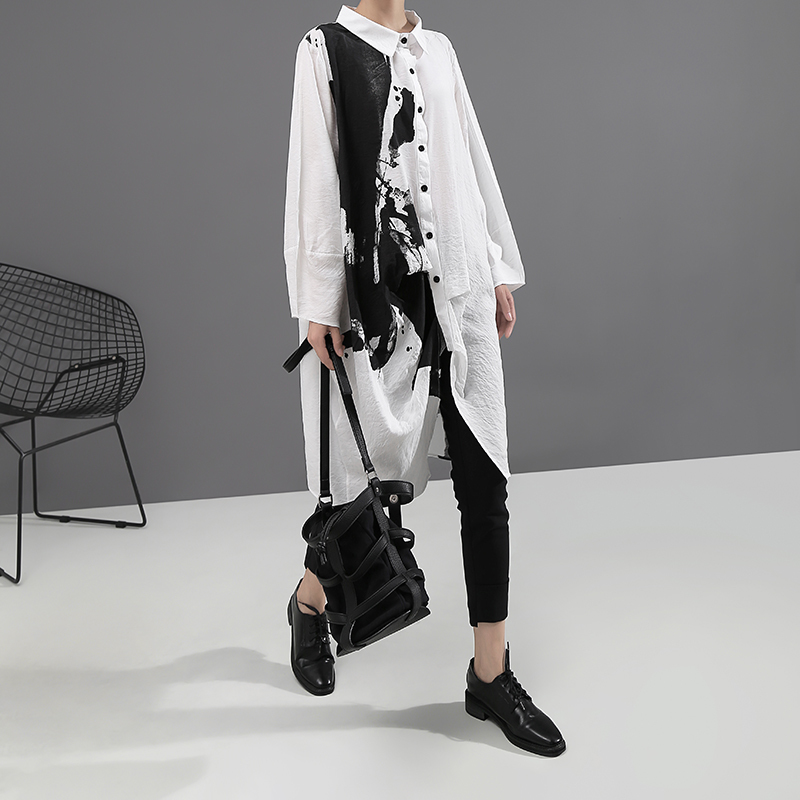Korean Style Woman Long Sleeve White Print Shirt Dress Painting Plus Size Straight Lady Casual Midi Dress Loose Robe Femme 5459 210309