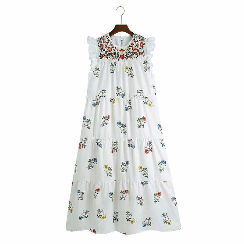 Za White Embroidered Summer Dress Women Elegant Sleeveless Ruffle Party Dresses Woman Chic Back Opening Print Midi Vestidos 210602