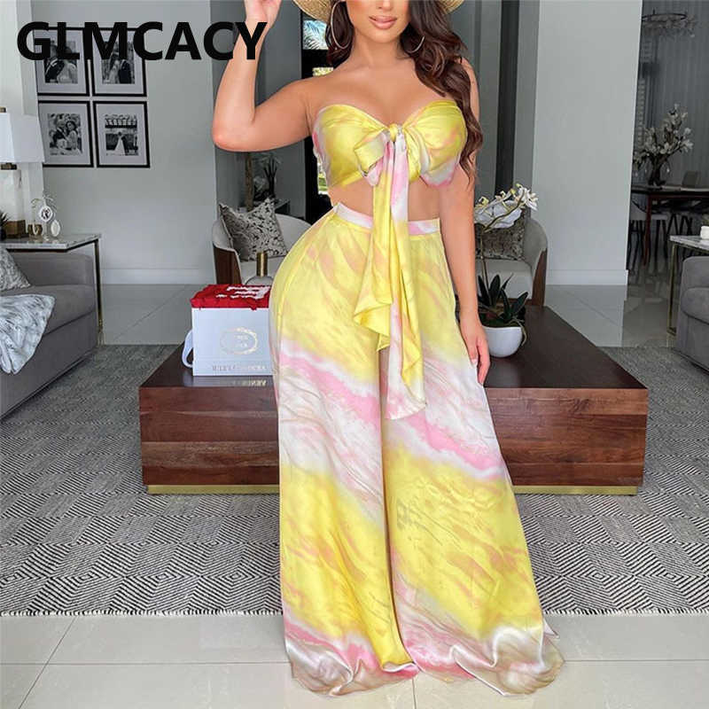 Two Piece Sexy Suits Tie Front Tube Top & Wide Leg Loose Pants Set Summer Beach Outfits 210702