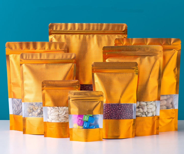 100pcs Stand up Embossed Gold Aluminum Foil Window Zipper Bag Doypack Resealable Chocolate Coffee Biscuits Snack Salt Pet Food Heat Sealing Packaging 