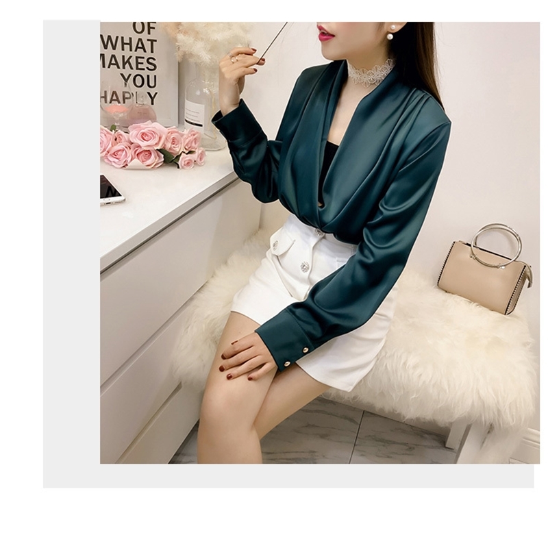 autumn long sleeve Cross V Neck Satin blouses Tops Women Sexy V Neck Satin tops Women V neck Satin shirts Tops T200321