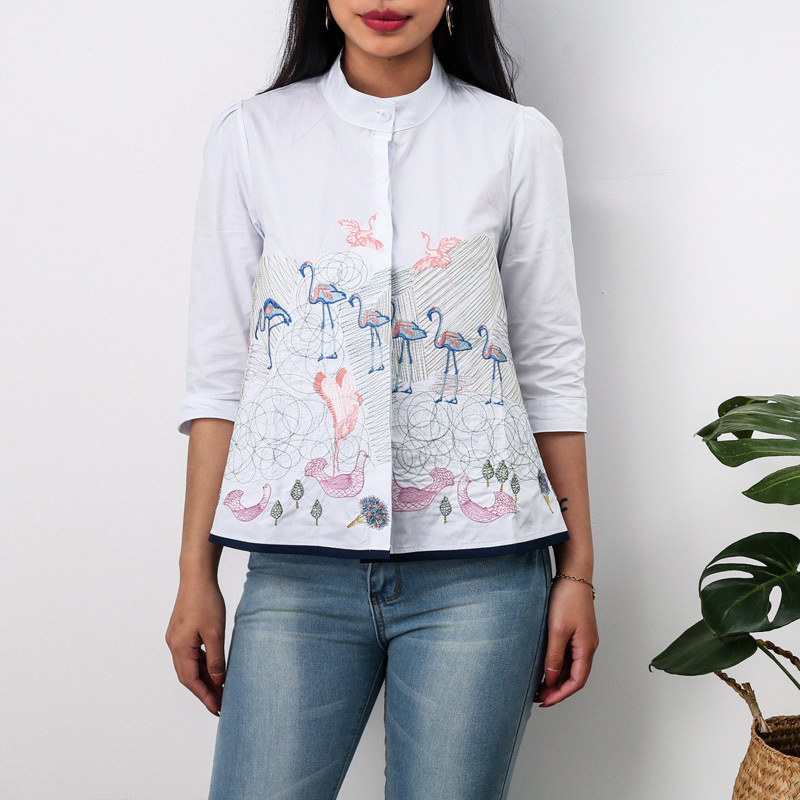 Crane Embroidery Shirt Tops Women Summer Autumn Fashion 3/4 Sleeve Casual Blouses Ladies White Doll Shirts 210225