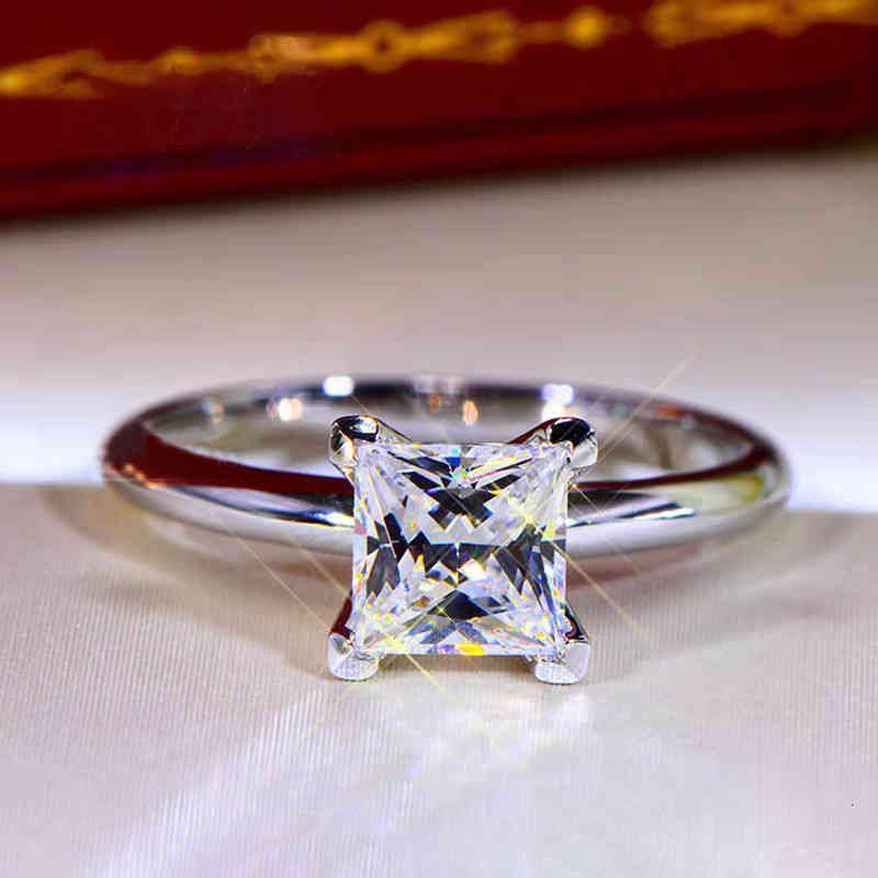 Gold Platinum Ring d Color Mossan Stone Princess Square Women's Diamond Sterling Silver Wedding Simple