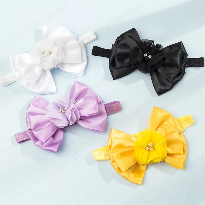 Three Layer Solid Color Bowknot Baby Elastic Headband Shining Beads Chiffon Flowers Toddler Hairband Infant Headwear Photo Props