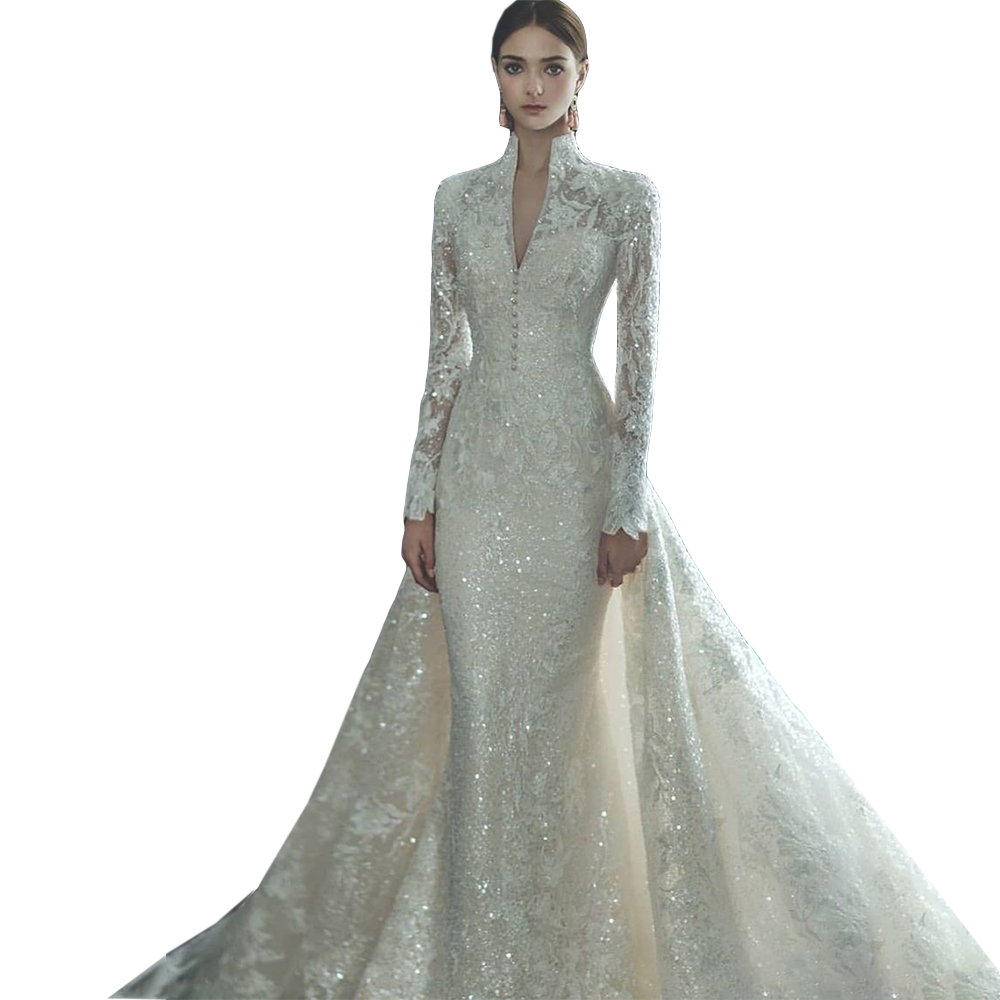 Elegant Mermaid Bridal Gowns High Neck Long Sleeves Custom Made Applique Race Wedding Dresses Court Train Satin Ruched Tulle Beach Vestido De Noiva