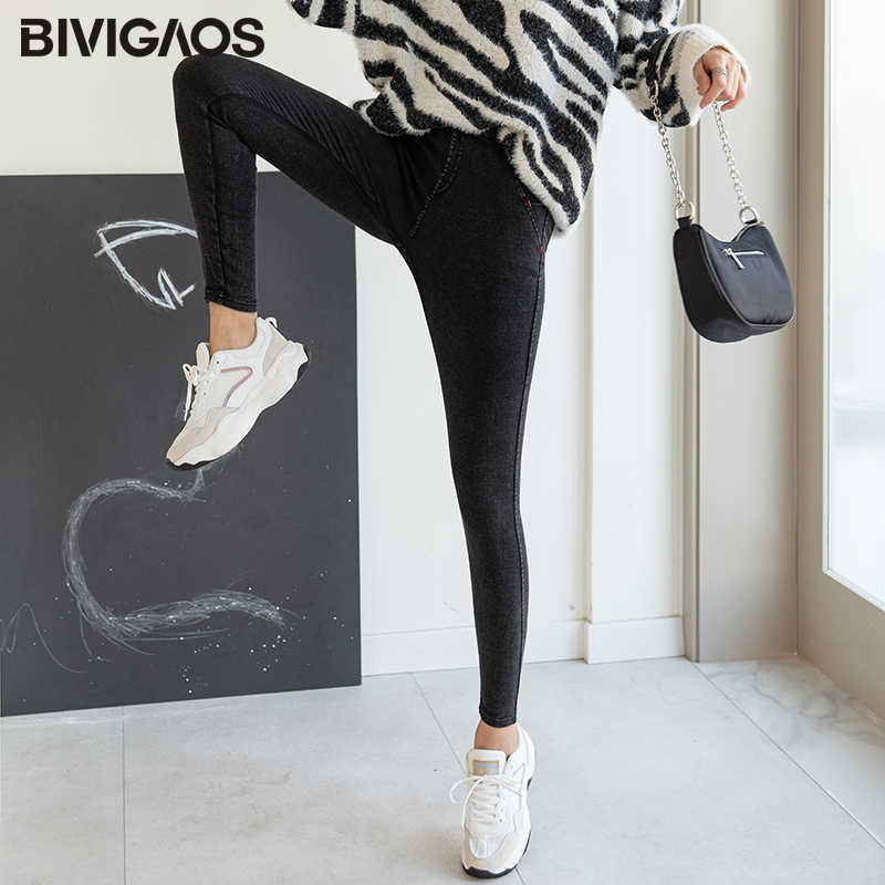 BIVIGAOS Women Jeans Pencil Pants Sand Washed Stretch Leggings Korean Pocket Red Line Magic Black Gray Jeggings 210922