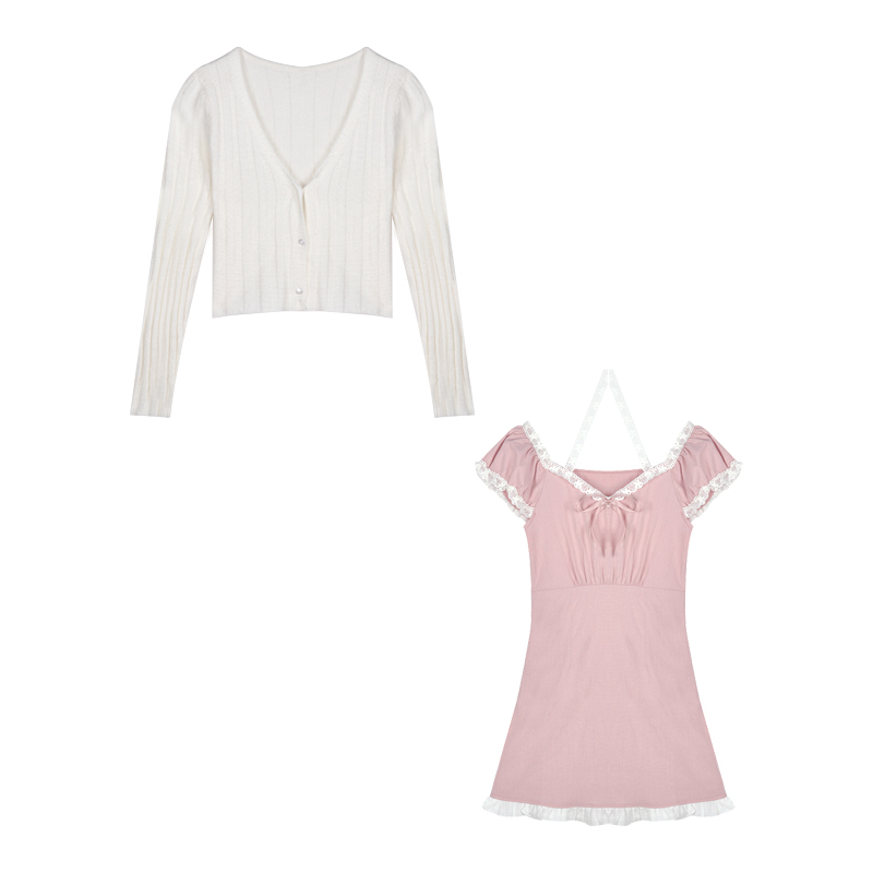 Lace Pink Girls Dress Waist Hugging Slimming French Dress Summer Style Temperament Dress 210303