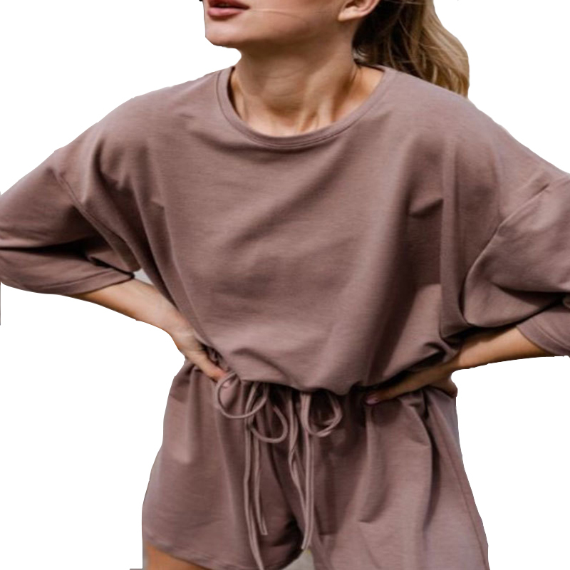 Autumn Summer women sweatsuits sets Women's Two-Piece Suit Solid Color Home Loose Fashion Casual Suit shorts set 210302