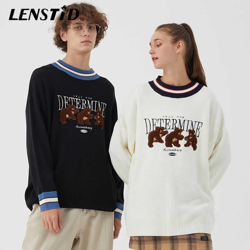 LENSTID Men Hip Hop Knitted Jumper Sweaters Embroidery Bear Streetwear Harajuku Autumn Casual Knitwear Pullovers Fashion Tops 210818