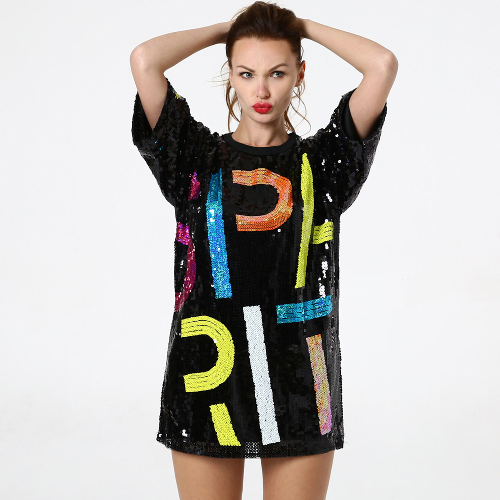2019 New Summer Women's Tops Love Peach Eye Clear Letter Sequins Long Loose Tshirt Festival Gothic Top Unicornio Fashion T-shirt 210306