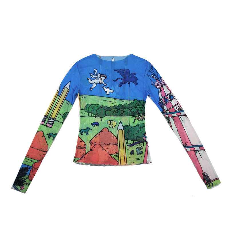 CHEERART Sheer Mesh Top Long Sleeve Tight T Shirt Women See Through Graphic Tees Basic Tshirt Underwear Fall Spring Fashion 210310