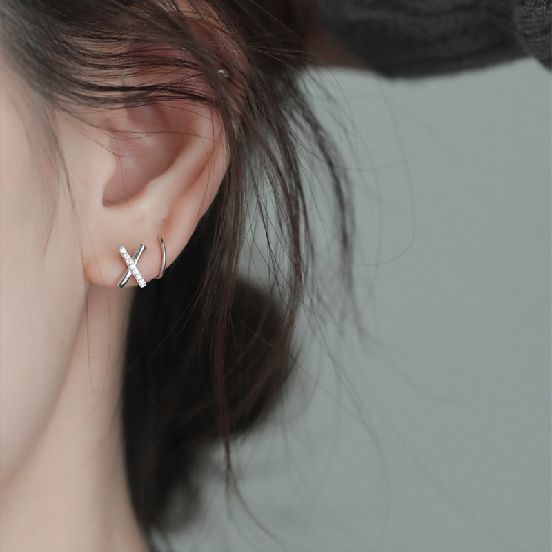 Cross Zircon Rhinestone Stud Earrings 925 Sterling Silver Korean X-shaped Female Simple Fashion Handemade Ear Jewelry Girls