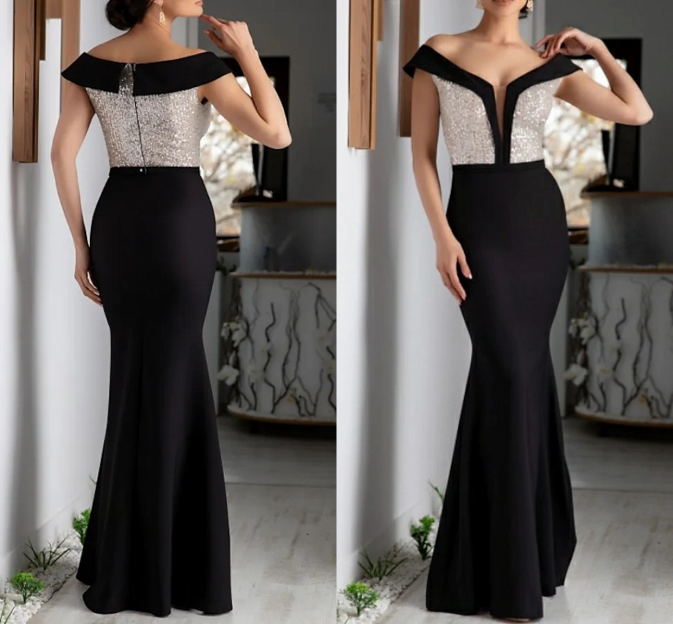 Black Engagement Formal Evening Dress Off the Shoulder Floor Length Satin Prom Party Gown 2022 Top Sequin Abendkleider robe de soiree vestidos fiesta