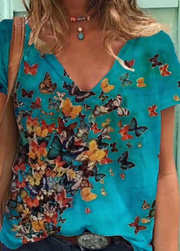Womens Butterfly Print Tshirts Summer Casual Short Sleeve T-Shirt Loose Streetwear Harajuku T Shirt Ladies V Neck Top Tee 210306