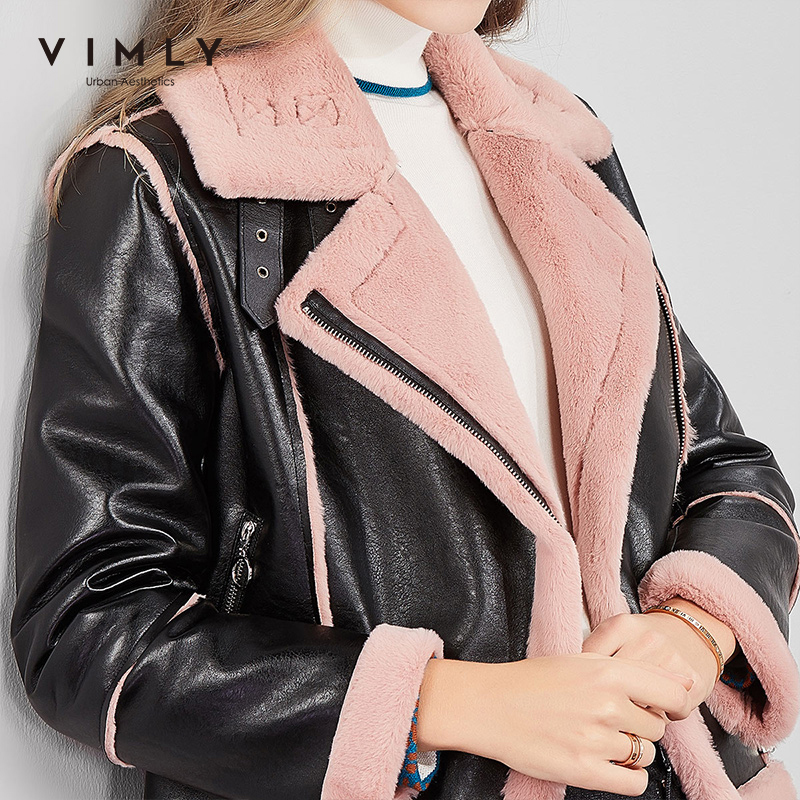 Vimly Women Lambswool Jacket Streetwear Autumn Winter Lapel Patchwork Zipper Thick Casual Female Short Leather Jacket 3389H 201019