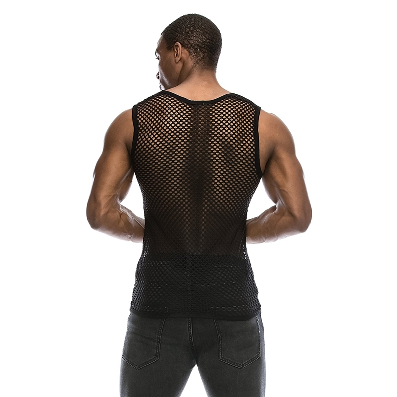 Mens See Through Black Mesh Fishnet Tanks Top Sexy Perspective Sleeveless Fitted Muscle Top Male Bodybuilding Top Tees 210308