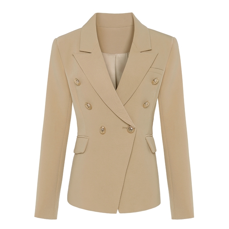 TOP QUALITY Stylish Classic Blazer Women's Double Breasted Metal Lion Buttons Jacket Outer Wear Khaki 210930