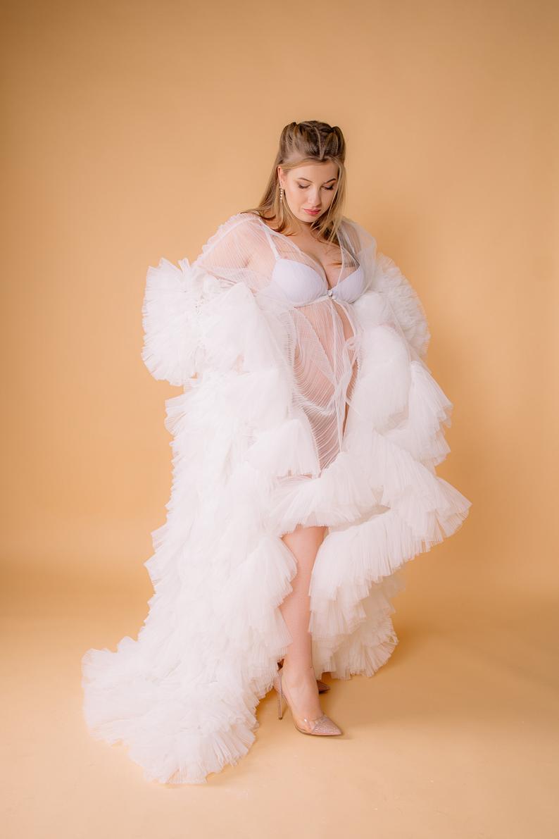 New Ivory Illusion Pregnant Women Photo Dress Tiered Ruffles Long Sleeve Robes Formal Event Overlay Sleepwear Nightgowns