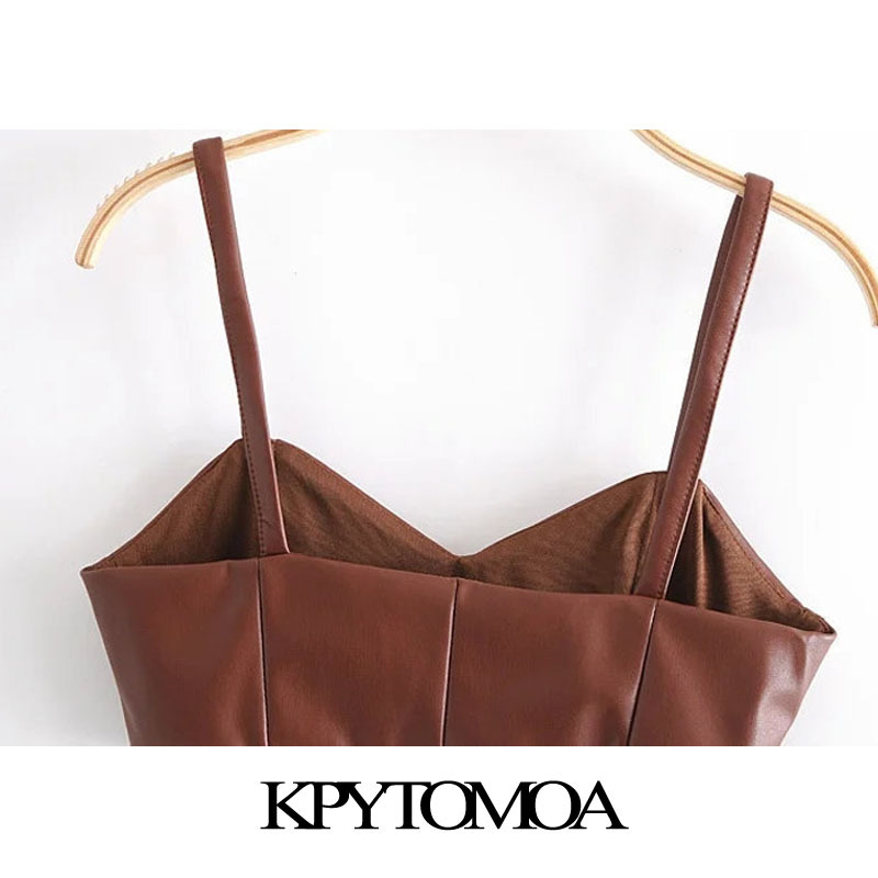 KPYTOMOA Women Sexy Fashion Faux Leather Cropped Tank Top Vintage Backless Side Zipper Thin Straps Female Camis Chic Tops 210308