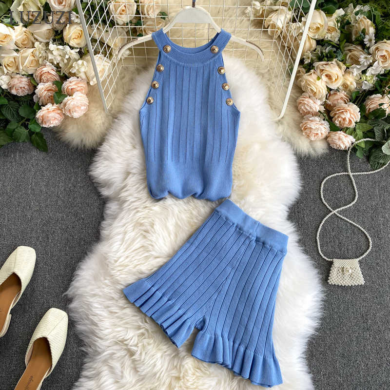 LUZUZI Fashion Summer Knit Vest Shorts Women's Suit Sleeveless Buttons Tops Short Pants Clothing Two Pieces Sets 210708