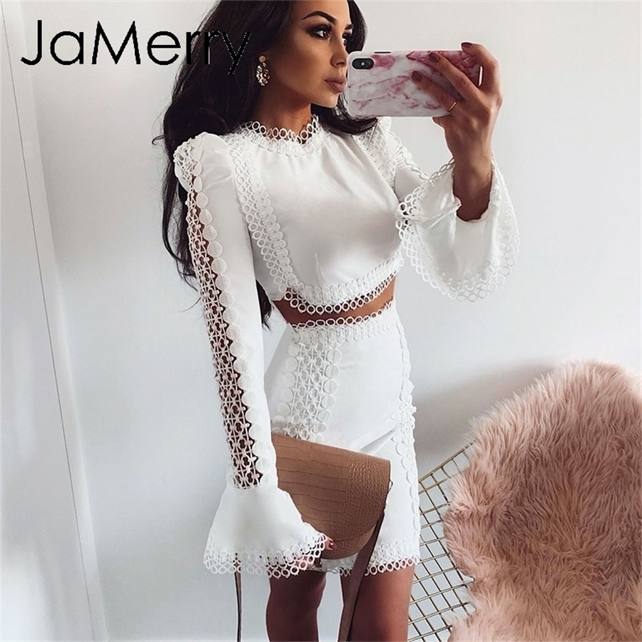 JaMerry Vintage elegant lace bodycon dress White two piece set hollow out autumn dress suit Winter sexy party club mini dresses T200911