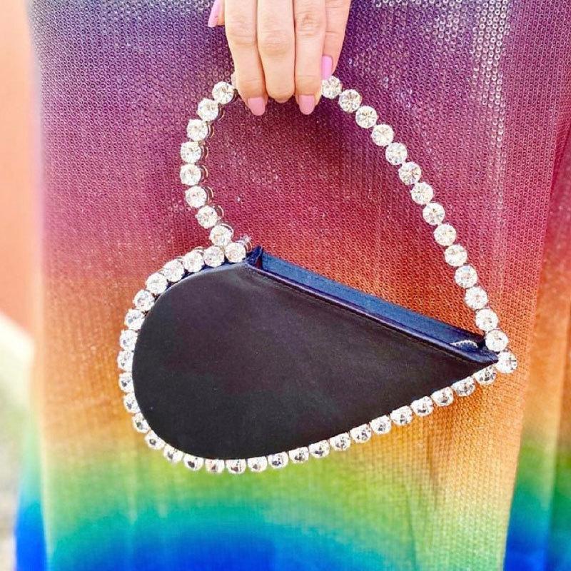 Cross Body Women INS Diamond Circular Evening Bag Round Handle Rhinestone Dinner Clutch Purse Ladies Half Moon Handbag