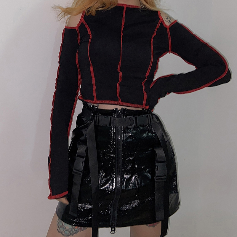 Punk Gothic Women's T-shirts Hollow Out Patchwork Cropped Top Winter 2021 Female T-shirt Chic Aesthetic 210302