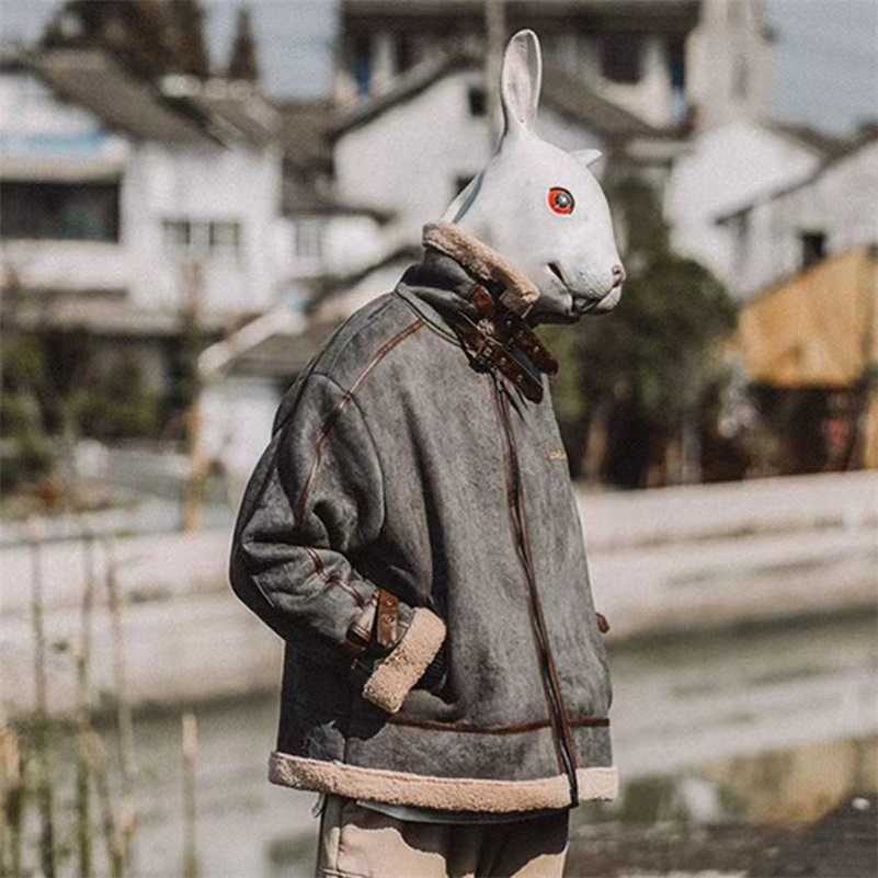 Cool Male Winter Suede Thicken Moto Bomber Jacket Coat Men Clothing Woolen Warm Outerwear Mens Teddy Coats Japanese Streetwear 211122