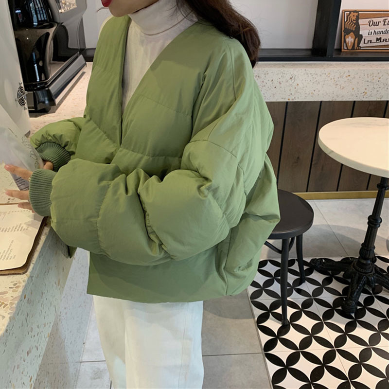 2021 New Winter Warm Short Parkas Women V-neck Thicken Cotton Coat Female Padded Jackets Chic Matcha Solid Color Outwear Students A5u5, Green 
2021 New Winter Warm Short Parkas Women V-neck Thicken Cotton Coat Female Padded Jackets Chic Matcha Solid Color Outwear Students A5u5, Green