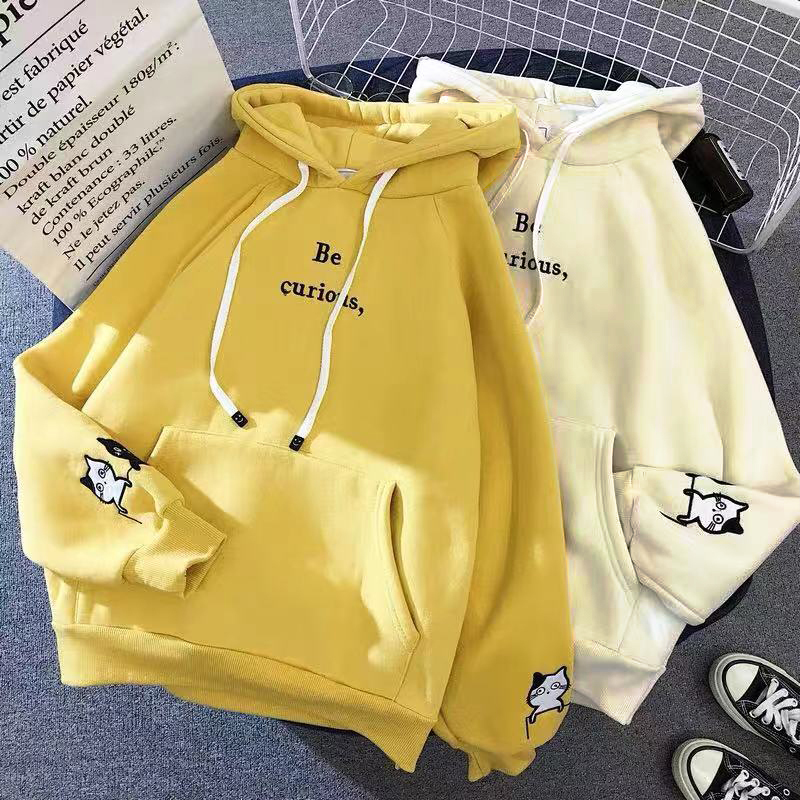 Harajuku Cute Cat Women Hoodies Long Sleeve Spring Autum Fleece Hooded Sweatshirts Be Curious Letters Pocket Pullover Woman Tops 201102