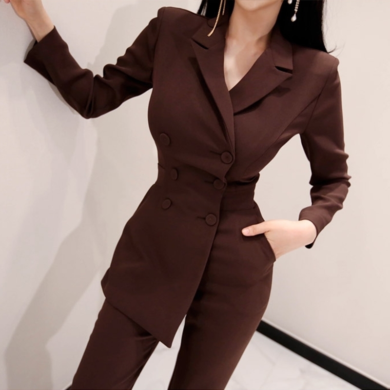 Office Ladies Irregular Double Breasted Women Jumpsuit Notched Elegant Ankle-length Pant Jumpsuits Slim Waist Long Playsuit T200303