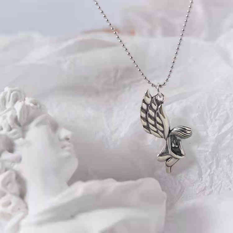 S925 Silver Personalized Carved Trendy Angel Men's and Women's Sweater Chain Pendant Used Thai Versatile