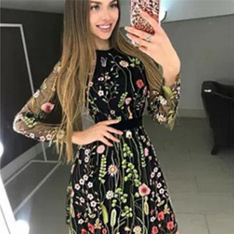 New Style Mesh Patchwork Pink Flowers See Through Short Dress Birthday Party Celebrate Dress Nightclub Women Embroidery Dress 210309