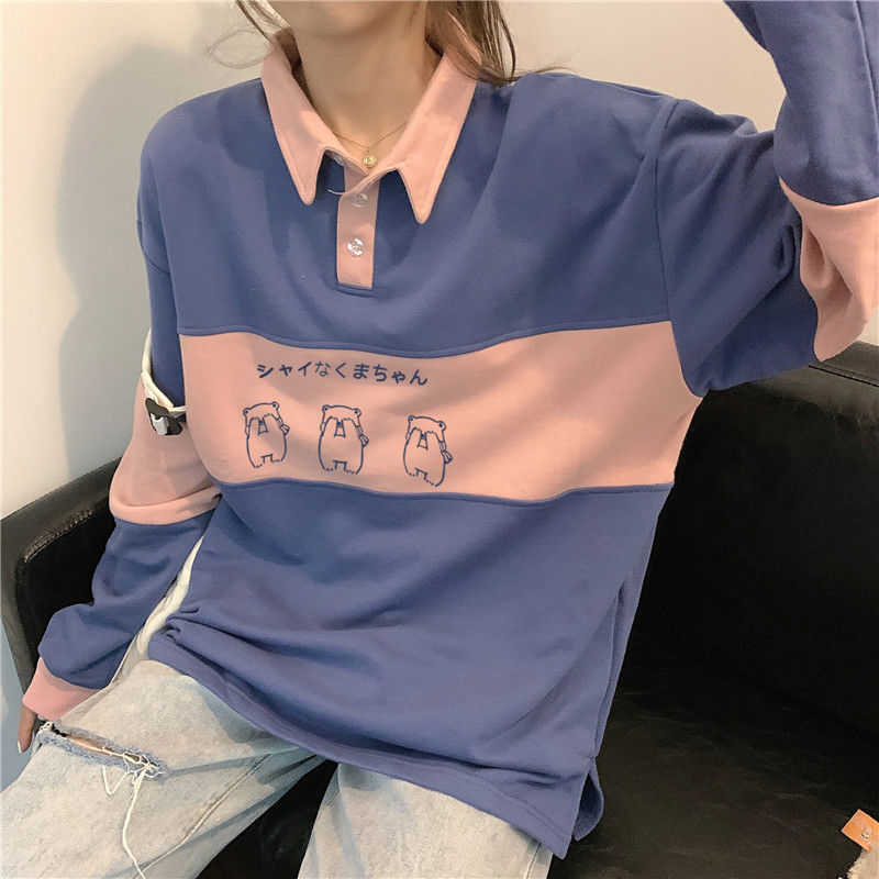 Vintage POLO Collar Letters Print Oversized Sweatshirt Women Girls Harajuku Autumn Korean Kawaii Clothes Pullovers 210910