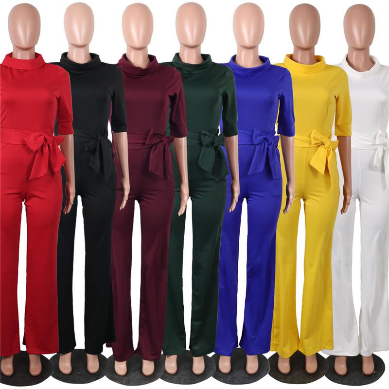 Women's Jumpsuits & Rompers Jumps Elegant Office Work Wear Business Formal 2021 Women Half Sleeve Pockets Wide Leg Pants Romper Fashion Over