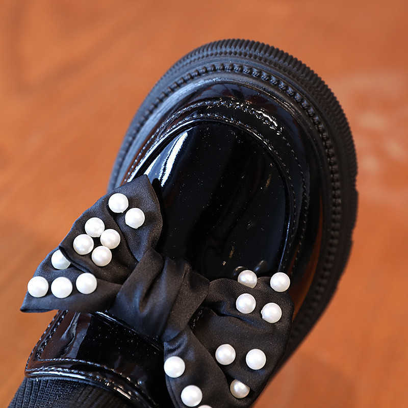 Kids Slip-on Shoes Girl Knit Ankle Patent Leather Boots Pearl Bowknot 2021 Child School Uniform Dress Thick Bottom Shoe 26-36 L260122
