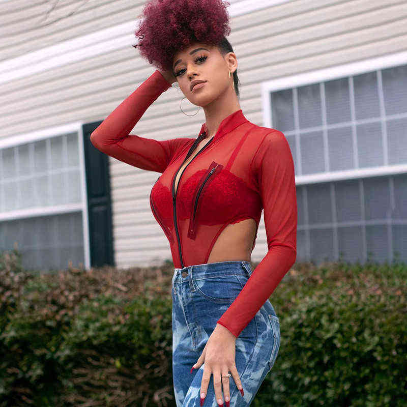 CNYISHE Sexy Club Bodysuits Women Tops Streetwear Red Mesh High Waist Bodysuit Romper Female Body Basic Summer Outfits Swimsuit 211111