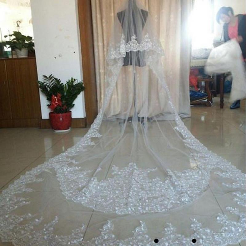 Bridal Veils Real Image Wedding Long Lace Applique Crystals Two Layers Cathedral Length Blusher Veil