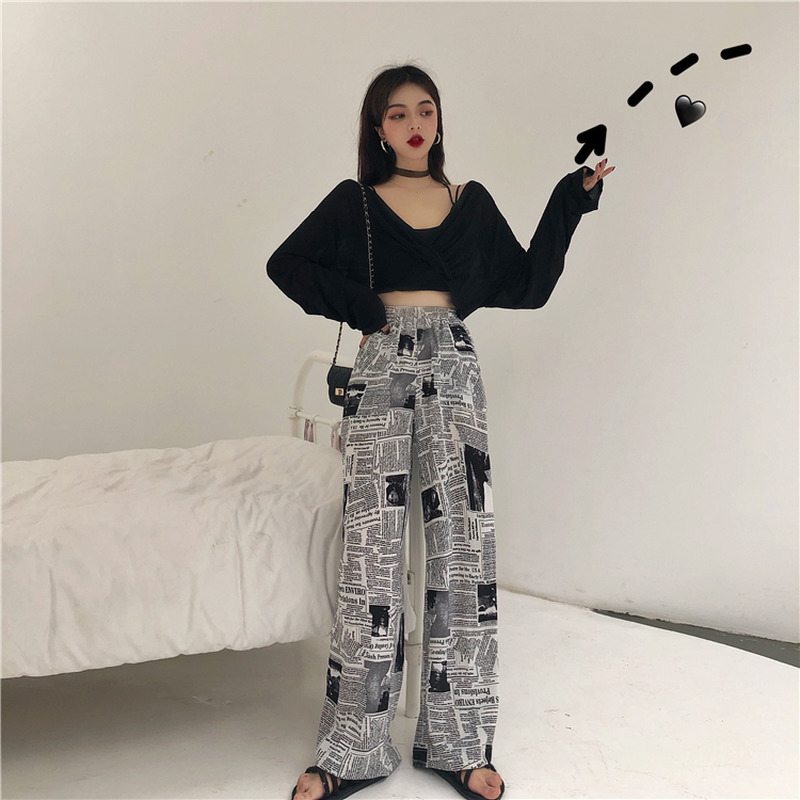 Woherb Vintage Newspaper Print High Waist Wide Leg Pants Women Korean Chic Streetwear Loose Long Trousers Pants Mujer 201012