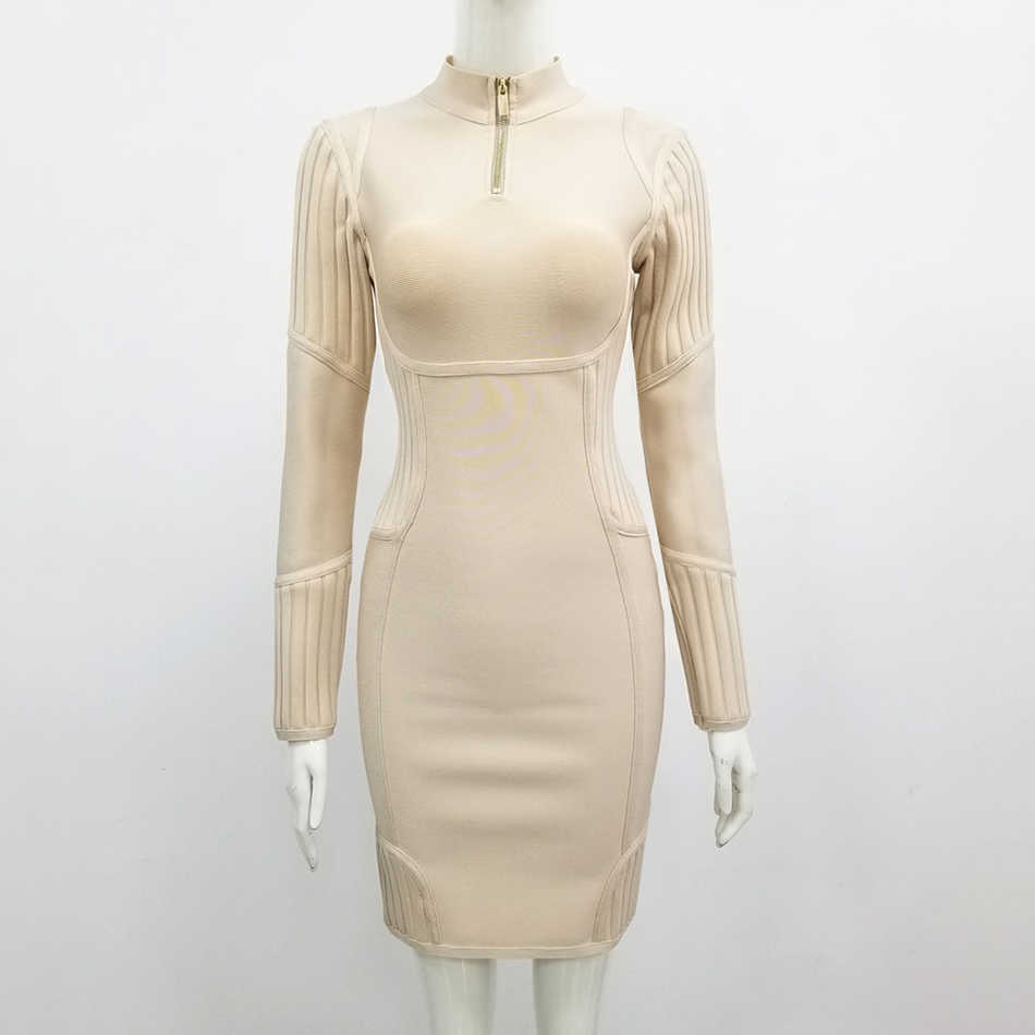 Summer Product Bodycon Bandage Dress Ladies Sexy Zipper Nude Long Sleeve Mini Club Celebrity Party 210525