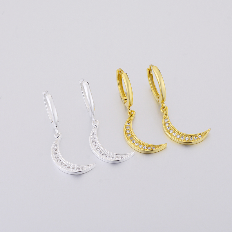 Authentic 100% 925 Sterling Silver Gold Color Moon Pendant Hoop Earring Women Fashion Luxury Zircon Round Loops Jewelry Piercing