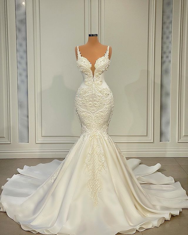 Size Plus Arabic Aso Ebi Mermaid Sexy Urious Wedding Spaghetti Lace Beaded Bridal Gowns Dress