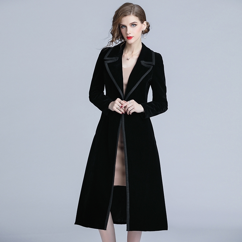 Autumn Winter Velvet Trench Coat Women Abrigo Mujer Long Elegant Notched Outwear Female Overcoat Slim Black Cardigan Trench T200828