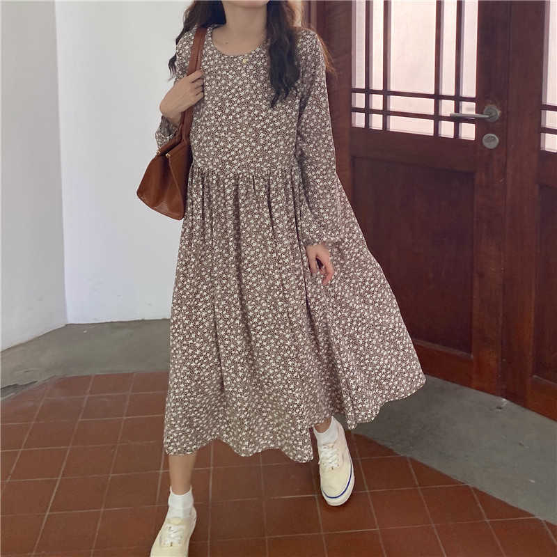 Women Spring Summer Dresses Fashionable Elegant High Waist Vintage Korean Style Floral Oversize Lady Long Dress DR9121 210806