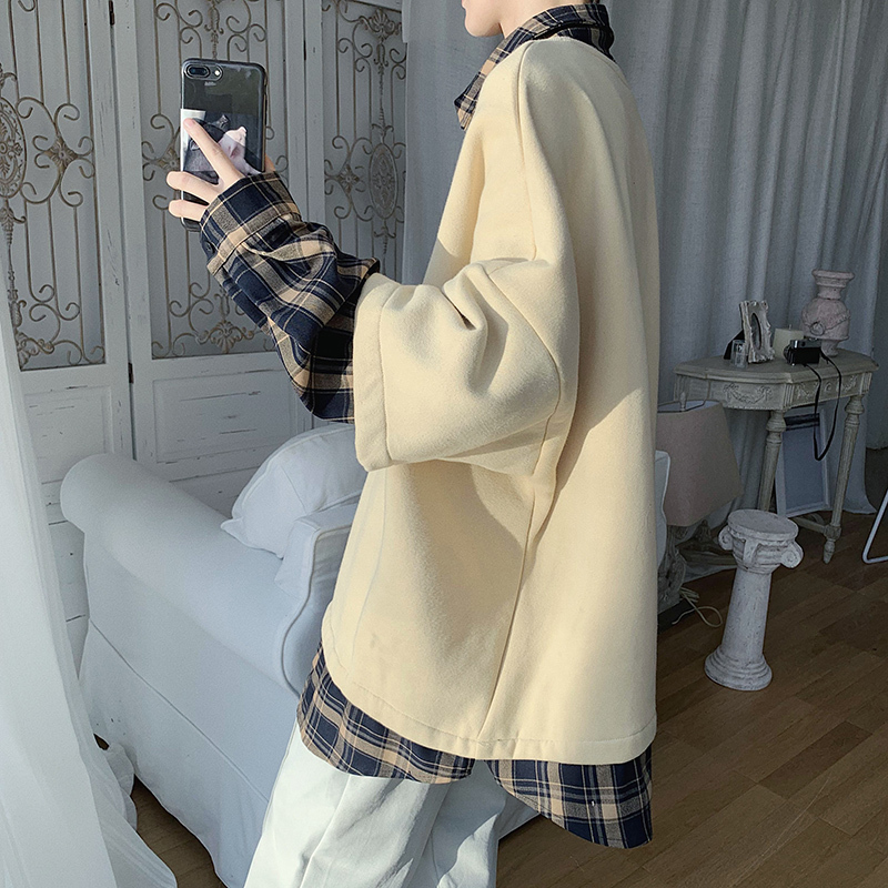 Men's Two Paper Piece Coats Lattice Printing Tide Hoodies Cotton Clothes Casual Pullover Balck/Apricot Color Sweatshirts 201103