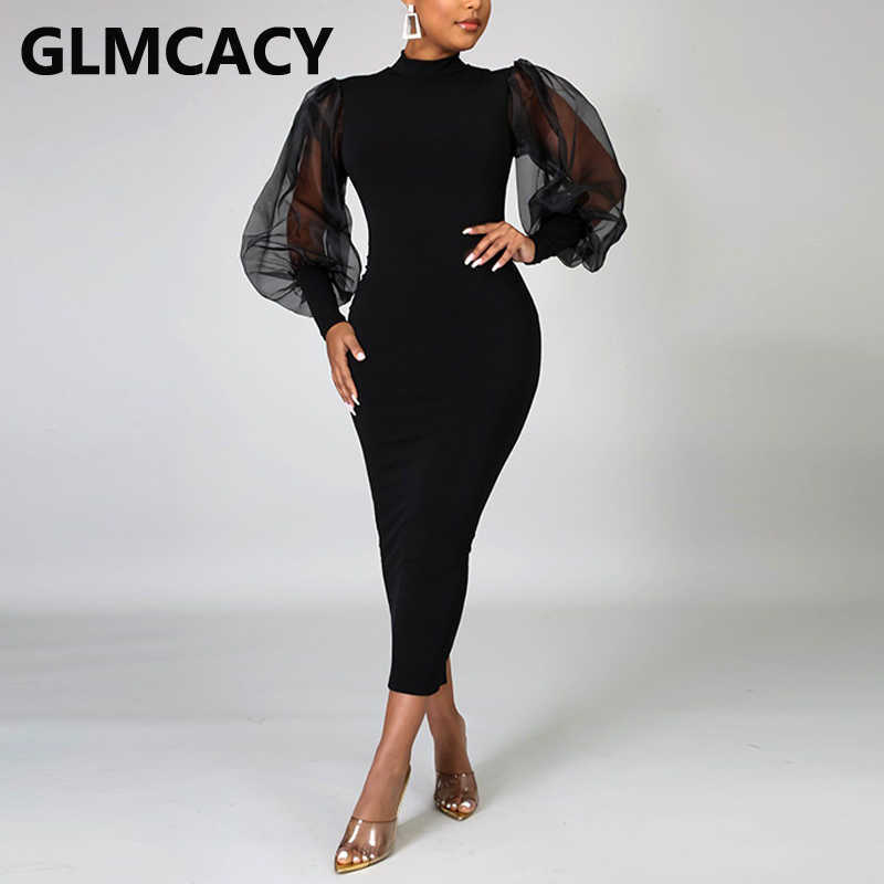 Women Mesh Lantern Sleeve Slim Midi Dress Elegant Bodycon Evening Party Long Robes Dresses 210702