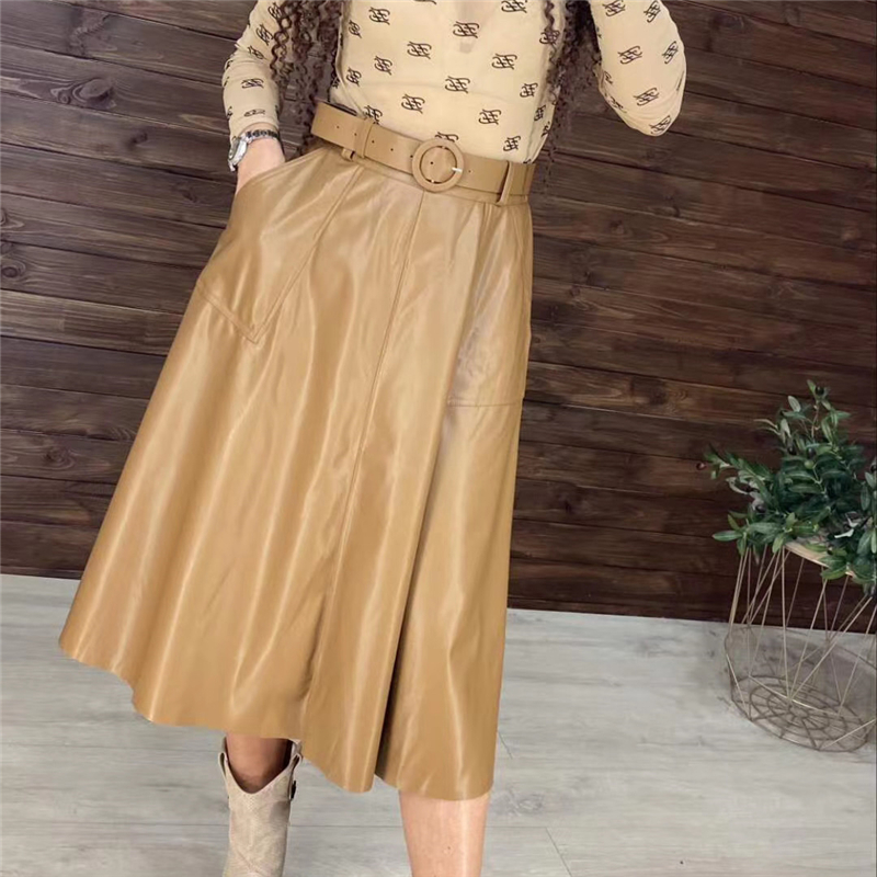 Neophil Winter Women Pu Faux Leather Pocket Midi Skirt Flare High Waist Solid Female Skater Belt Skirts Longa Saia S9109 210309
